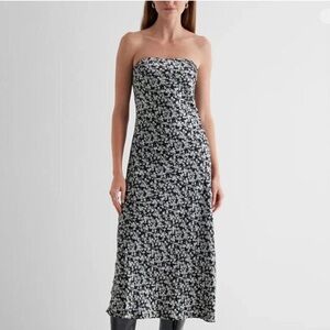 Express Silky Satin Black and White Floral Strapless Midi Dress